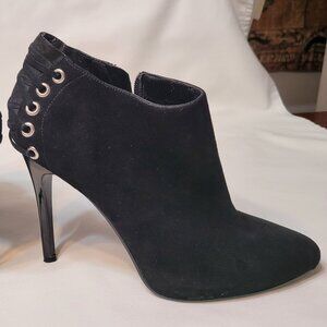 BCBGeneration Women Stiletto Bootie Black Suede Leather Siver Heels Sz 8B EU38